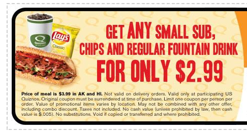 Quiznos $2.99 Sandwich &amp; Chip Coupon - It's Back!